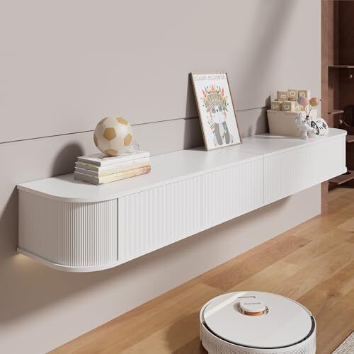 Floating TV Stand Unit with RGB LED Light - 160CM Wall Mounted TV Cabinet with Upgraded Storage & Rounded Edges, Modern TV Media Console for 55-65 Inch TVs