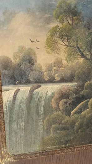 Antique framed signed quaint waterfall scene, D18