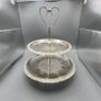 Vintage Silvery Metal Two Tier Cake Stand Engraved Lace Effect Doyley Plates Image 2