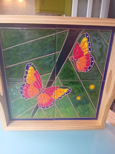 Artisan butterfly ceramic tiled wooden tray