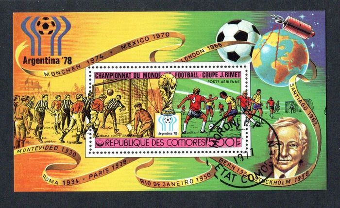 1978 Comoro Islands Commemorative Stamp commemorating Football World Cup in  Argentina Miniature Sheet Fine Used