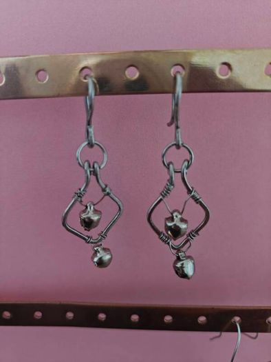 Stainless Steel Earrings with Bells, Handmade Wire Art, Geometric Dangles
