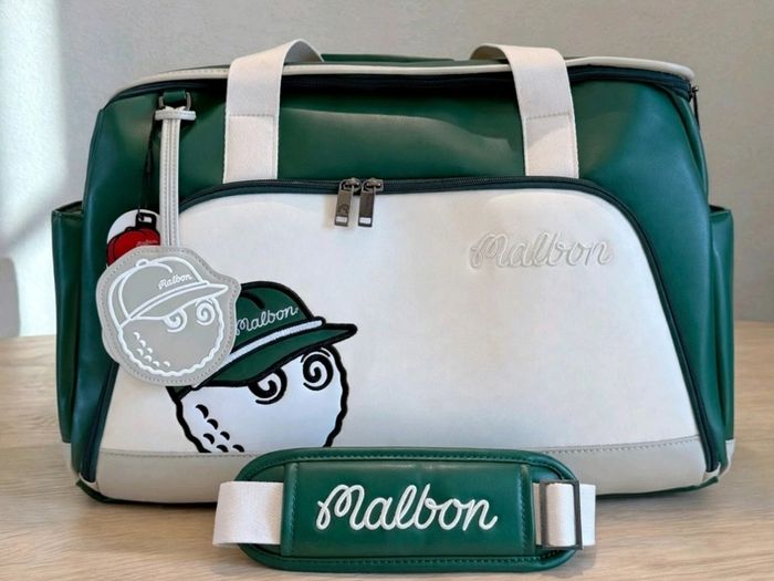 Malbon Golf Boston Bag Green Cream Buckets Duffel with Shoulder Strap