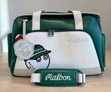 Malbon Golf Boston Bag Green Cream Buckets Duffel with Shoulder Strap