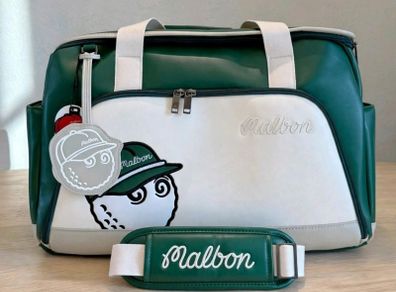 Malbon Golf Boston Bag Green Cream Buckets Duffel with Shoulder Strap