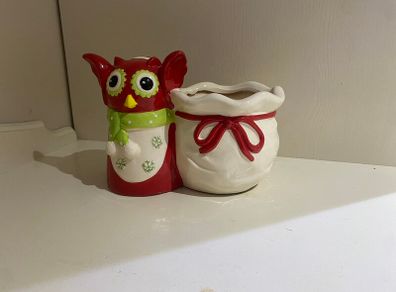 Christmas Decoration / Owl With Suck Glazed Ceramic Indoor Pot
