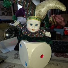 Large Vintage Clown Musician Dice Box. Fully functional Hand Winding the Clown Moves while Playing Music