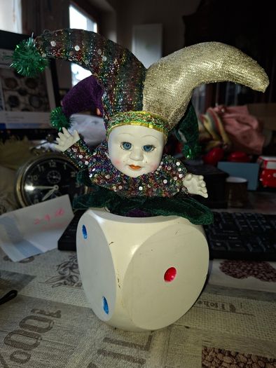 Large Vintage Clown Musician Dice Box. Fully functional Hand Winding the Clown Moves while Playing Music