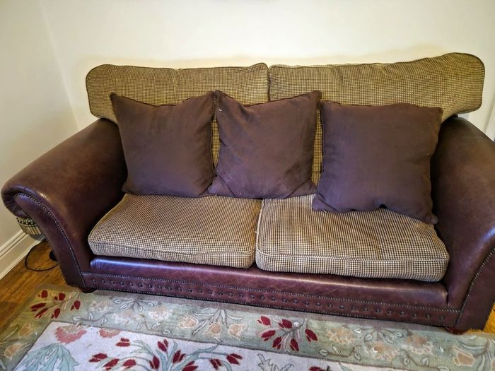 Luxury leather and fabric three piece suite