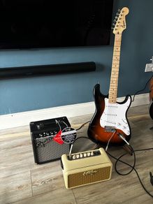 Fender Squier Electric Guitar, Squier Frontman 10G Amplifier, Vintage 15W Amplifier.