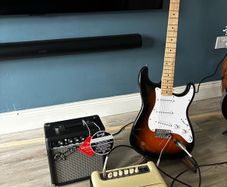 Fender Squier Electric Guitar, Squier Frontman 10G Amplifier, Vintage 15W Amplifier.