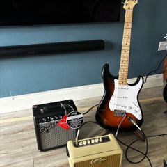 Fender Squier Electric Guitar, Squier Frontman 10G Amplifier, Vintage 15W Amplifier.