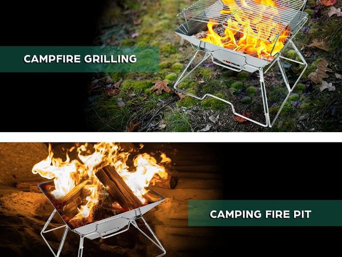Collapsible Campfire Grill Camping Fire Pit, 304 Stainless Steel Grill Gate, Heavy Duty Portable Camping Grill with Carrying Bag, M