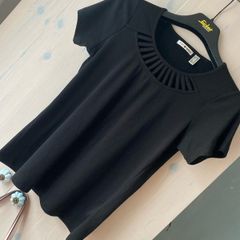 Punt Roma Womans T-shirt Top In Black With Caged Collar Cut Out At Front Size S Small