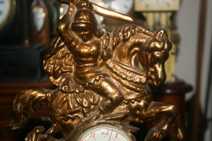 Vintage Brass Table Clock Knight on Horseback and Dragon, Saint George and Dragon, Mechanical  Clock SLAVA 11 JEWELS,  Working