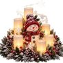 Snowman Christmas Table Centrepiece, Flameless LED Candles, Wreath Christmas candelabra centrepiece: flameless LED candles and pine wreath; battery operated for table, mantel or hallway Image 2