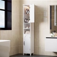 Tall Bathroom Storage Cabinet with Light, Narrow Slim Storage Cabinet with Doors and Adjustable Shelves,Freestanding Floor Corner Toilet Paper Organizer for Small Space,White
