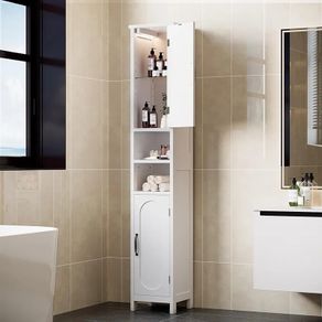 Tall Bathroom Storage Cabinet with Light, Narrow Slim Storage Cabinet with Doors and Adjustable Shelves,Freestanding Floor Corner Toilet Paper Organizer for Small Space,White