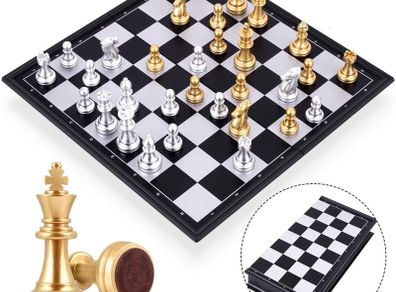 Travel Chess Board Set Games - Magnetic Chess Piece with Portable/Foldable Board- Educational Toys For Kid/Children/Adults -Gold/Silver Chess Piece -Traditional Game Gift