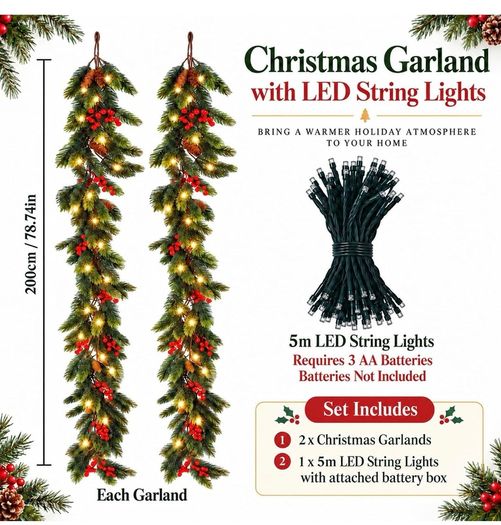 2Pack 2M Christmas Garland with 5m String Lights for Xmas Decoration Artificial Pine Garland with Red Berries & Pinecones with 8 Lighting Modes for Stairs, Fireplace, Indoor & Outdoor Decoration