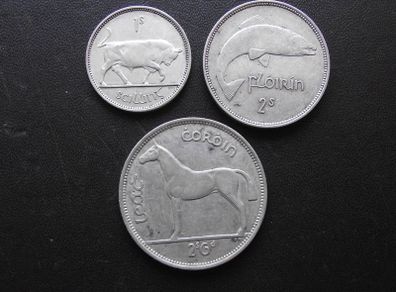 1939 Irish Republic. Set of 3 Silver Coins: Half Crown&Florin&Shilling