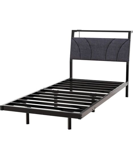 Single with LED Lights,Ergonomic Headboard with USB Charging,Bed Frames Noise-Free Metal Slats,Black