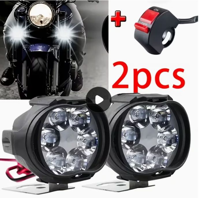 2pcs 6LED Motorcycle Auxiliary Spot Lights+1pc Switch, External LED Driving Headlights, High Brightness