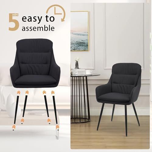 Dining Chair Set of 2 with backrests, Thick Padded Seat armchairs, Easy-Clean Faux Leather and Linen, Sturdy Metal Legs kitchen chairs for Dining and Living Room(Black)