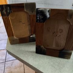 Set of 2 photo frame decorated with a patchwork of wood and horn veneers. 4 x 6  inches
