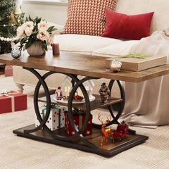 Rustic Coffee Table with Storage Industrial 3 Tier Center Living Room Table Farmhouse Wooden Rectangle Cocktail Tea Table for Office Bedroom Elegant Round Metal Frame Rustic Brown