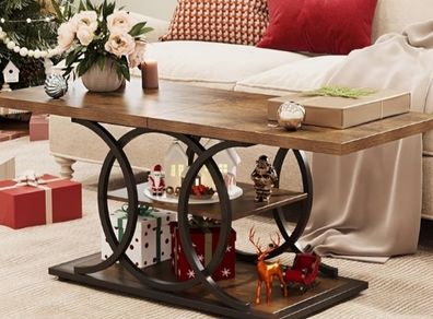 Rustic Coffee Table with Storage Industrial 3 Tier Center Living Room Table Farmhouse Wooden Rectangle Cocktail Tea Table for Office Bedroom Elegant Round Metal Frame Rustic Brown