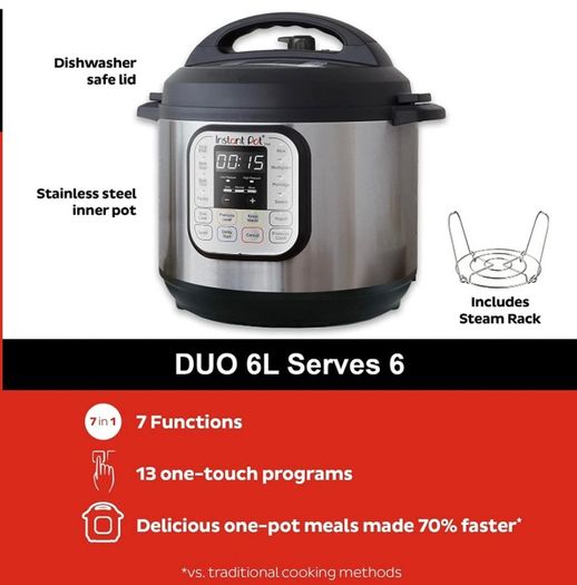 Instant Pot Duo 7-in-1 Smart Cooker, 5.7L - Pressure Cooker, Slow Cooker, Rice Cooker, Saute Pan, Yoghurt Maker, Steamer and Food Warmer, Brushed Stainless Steel (FREE POSTAGE)