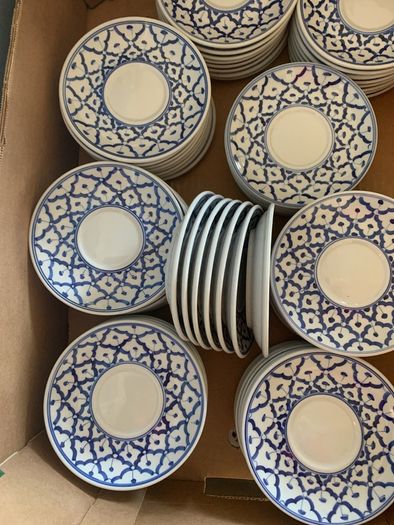blue and white saucers