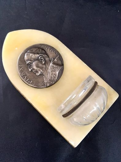 Vintage Italian holy water font with Pope Pius Xi plaque signed Tschudin