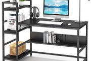 _Desk with shelves, 55 inch industrial style PC desk, computer table made of wood and metal, gaming desk office table for home office (black)