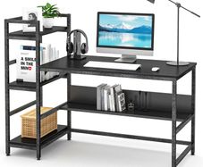 _Desk with shelves, 55 inch industrial style PC desk, computer table made of wood and metal, gaming desk office table for home office (black)