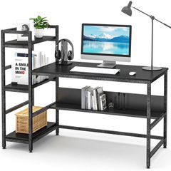 _Desk with shelves, 55 inch industrial style PC desk, computer table made of wood and metal, gaming desk office table for home office (black)