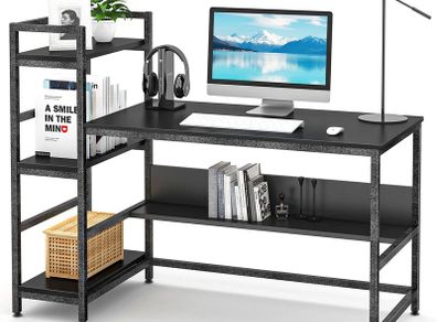 _Desk with shelves, 55 inch industrial style PC desk, computer table made of wood and metal, gaming desk office table for home office (black)