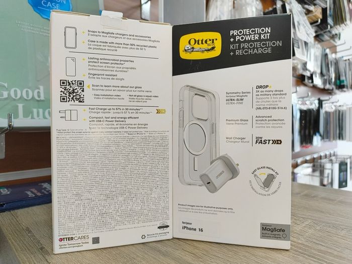 OtterBox Drop Protection Bundle for iPhone 16; Symmetry Series Clear MagSafe Protetive Thin Case, Premium Glass Screen Protector and UK 30W USB-C Fast Wall Charger