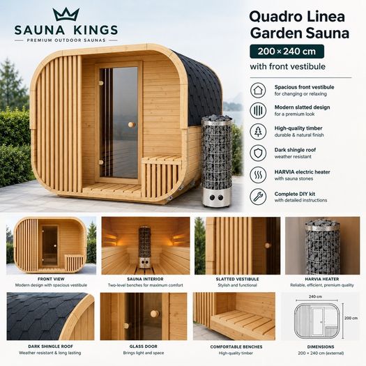 Premium Quadro Linea Garden Sauna 200-240cm  Harvia Heater