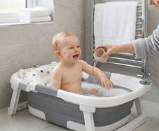 Foldable Baby Bath Tub with Digital Thermometer Collapsible Newborn Bathtub with Soft Cushion Mesh Support Net Anti-Slip Portable Travel Spa for Infants Toddlers 0 to 3 Year Grey Star