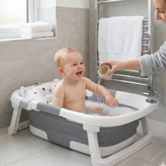 Foldable Baby Bath Tub with Digital Thermometer Collapsible Newborn Bathtub with Soft Cushion Mesh Support Net Anti-Slip Portable Travel Spa for Infants Toddlers 0 to 3 Year Grey Star