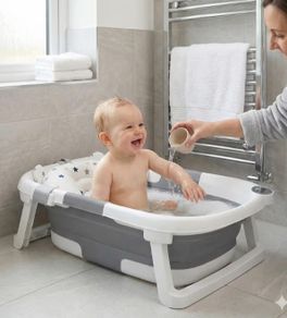 Foldable Baby Bath Tub with Digital Thermometer Collapsible Newborn Bathtub with Soft Cushion Mesh Support Net Anti-Slip Portable Travel Spa for Infants Toddlers 0 to 3 Year Grey Star