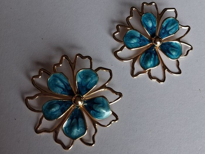 Gold & Teal Sakura Blossom Floral Statement Earrings