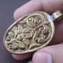 Vintage Gold Plated brass Floral Desgin &carved Skull shape Jade Pendant Image 4