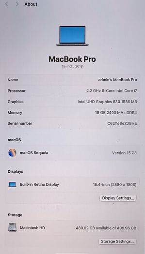 MacBook Pro "Core i7" 2.2 15-Inch (Mid-2018 True Tone Display, Touch Bar, Four Thunderbolt 3 Ports 16 GB RAM  500GB SSD BATTERY CYCLE  : 1