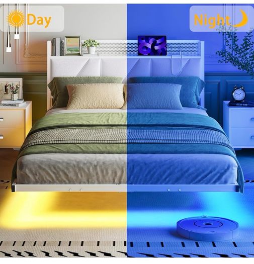 Floating Double Bed Frame with Upholstered Headboard Storage, White 135x190cm Metal Bed Frame with LED Lights & USB Charging Station, 4ft6 Platform Bed, Heavy Duty Metal Slats, Noise Free