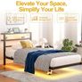 Single Floating Metal Bed Frame with LED Lights Storage Shelf Walnut Floating Metal Platform Bed With USB Charging Station Heavy Duty Noise Free Slats No Box Spring Needed For Bedroom Image 4