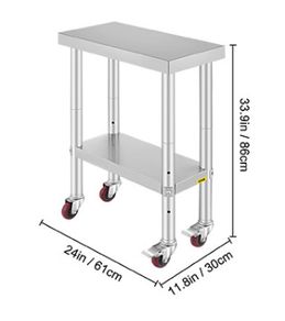 24 x 12 inch Stainless Steel Kitchen Worktable Commercial Work Bench Table with Caster Wheels & Undershelf for Home Restaurant Storage