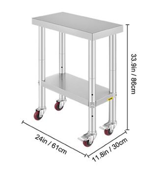 24 x 12 inch Stainless Steel Kitchen Worktable Commercial Work Bench Table with Caster Wheels & Undershelf for Home Restaurant Storage